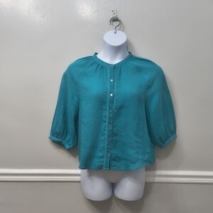 Caroll Womens 100% Linen Top Blouse Turquoise Blue Medium Minimalist Office Work